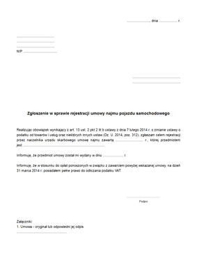 ZwSRU Zgłoszenie w sprawie rejestracji umowy najmu/dzierżawy/leasingu pojazdu samochodowego 