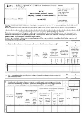 GUS RF-03 (2022) Sprawozdanie jednostek sektora instytucji rządowych i samorządowych - druk dla celów wewnętrznych (z możliwością wpisania kwot w zł gr)