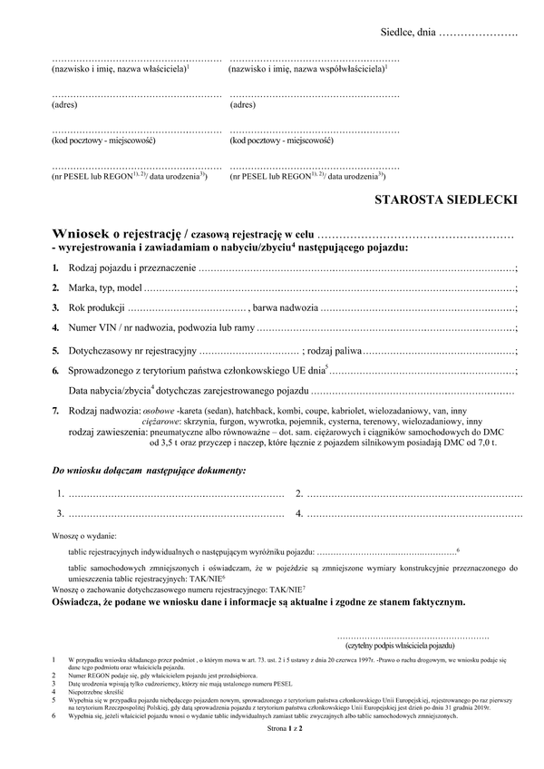 WoRWZP-S Wniosek o rejestrację, czasową rejestrację, wyrejestrowanie i zawiadomienie o pojeździe Siedlce