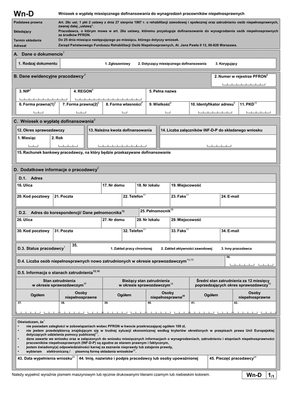 PFRON Wn-D (archiwalny) Wniosek o wypłatę miesięcznego dofinansowania do wynagrodzeń pracowników niepełnosprawnych
