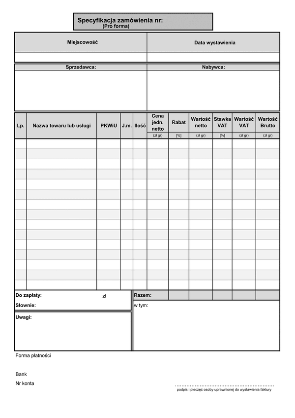 SZ (archiwalny) Specyfikacja zamówienia (Pro forma) - 15 pozycji