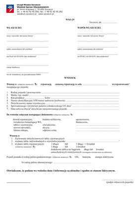 WoRWZP-Sz Wniosek o rejestrację, czasową rejestrację, wyrejestrowanie i zawiadomienie o pojeździe Szczecin