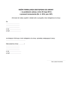 FOOU Formularz odstąpienia od umowy – na podstawie ustawy z dnia 30 maja 2014 r. o prawach konsumenta (Dz. U. 2014, poz. 827)