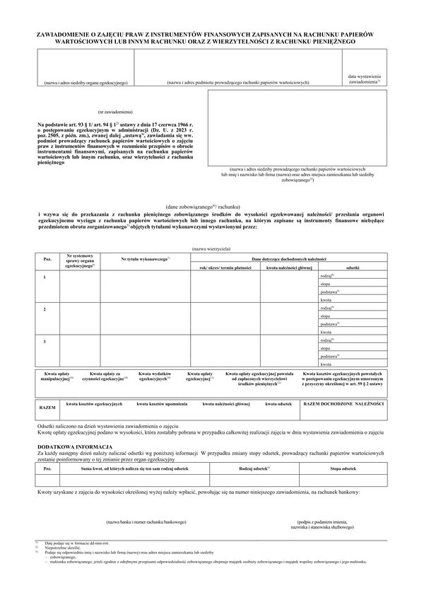 ZoZPIF Zawiadomienie o zajęciu praw z instrumentów finansowych zapisanych na rachunku papierów wartościowych lub innym rachunku oraz z wierzytelności z rachunku pieniężnego