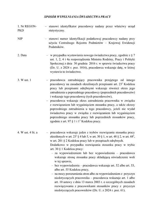 SP-In Instrukcja wypełniania świadectwa pracy