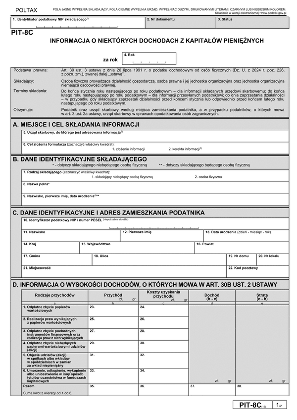 PIT-8C (12) (2024) Informacja o niektórych dochodach z kapitałów pieniężnych (PIT-8C / PIT-8CZ)