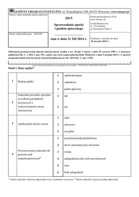 GUS ZD-5 (2014) (archiwalny) Sprawozdanie apteki i punktu aptecznego stan w dniu 31 XII 2014 r.
