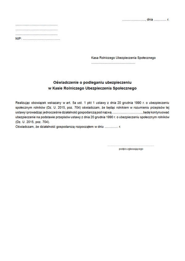 KRUS OoPU Oświadczenie do KRUS o podleganiu ubezpieczeniu w Kasie Rolniczego Ubezpieczenia Społecznego