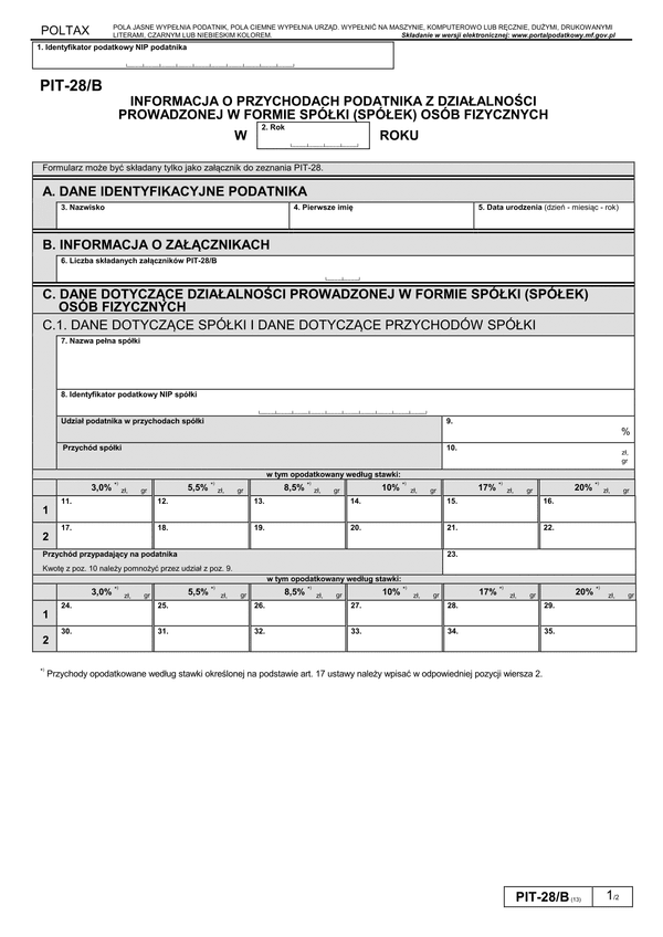 PIT-28/B (13) (2015) (archiwalny) Informacja o przychodach podatnika z działalności prowadzonej w formie spółki (spółek) osób fizycznych
