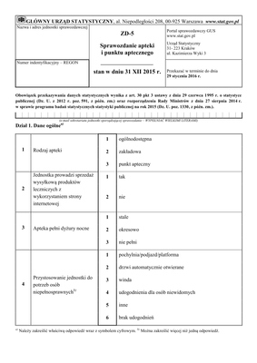 GUS ZD-5 (2015) (archiwalny) Sprawozdanie apteki i punktu aptecznego stan w dniu 31 XII 2015 r.