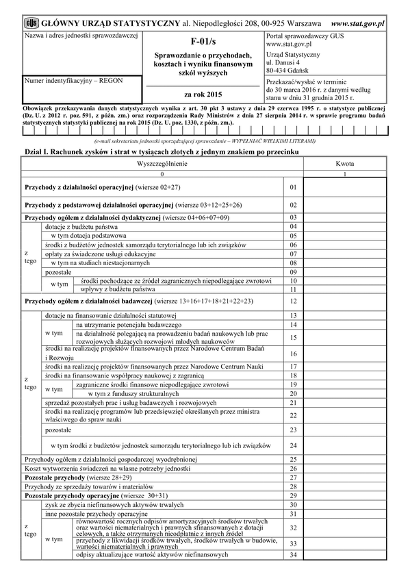 GUS F-01/s (2015) (archiwalny) Sprawozdanie o przychodach, kosztach i wyniku finansowym szkół wyższych za rok 2015