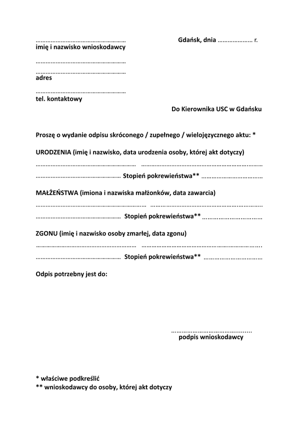 WOWAC-G (archiwalny) (archiwalny( Wniosek o wydanie odpisu aktu stanu cywilnego Gdańsk